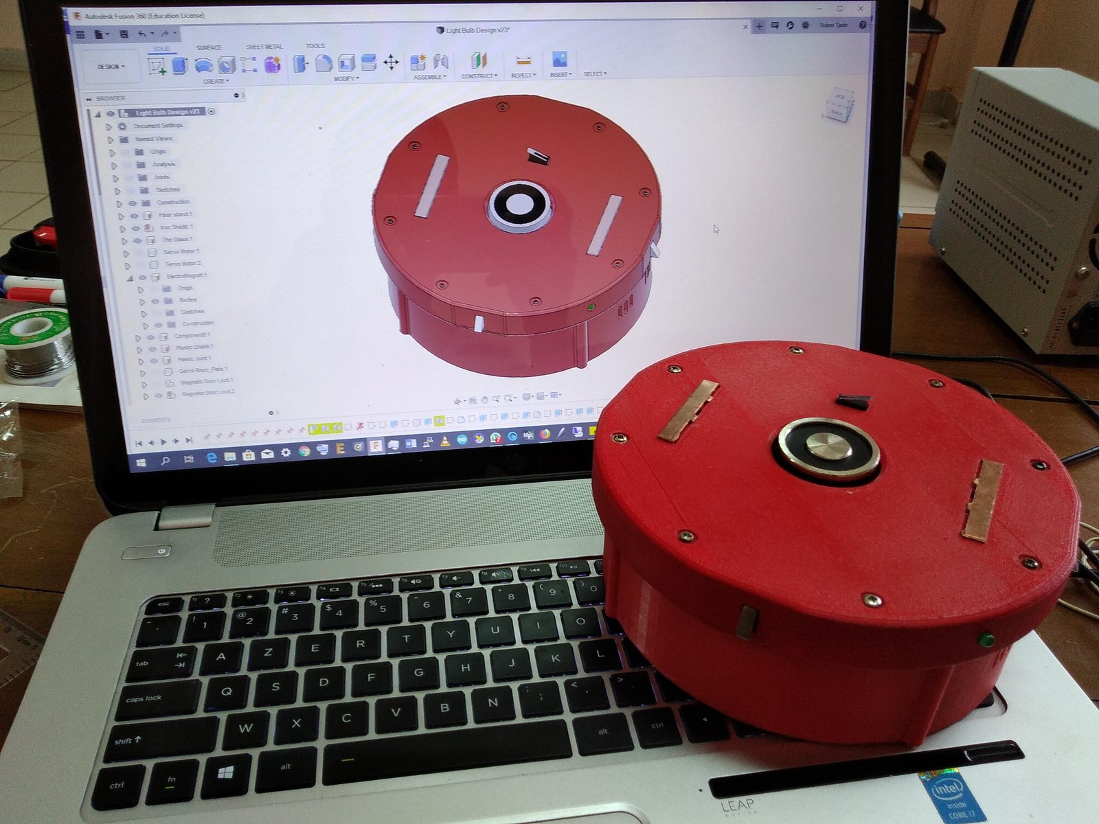 Bulb housing CAD next to the printed part